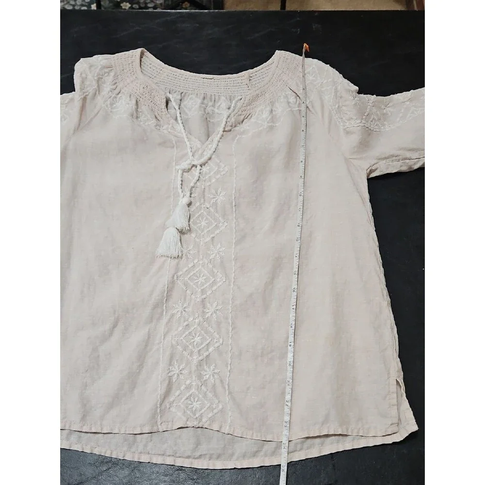 100% LINEN Embroidered Blouse Tassel Top Coastal Grandmother Boho S